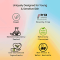 Product features for young and sensitive skin on a gradient background with icons and text.