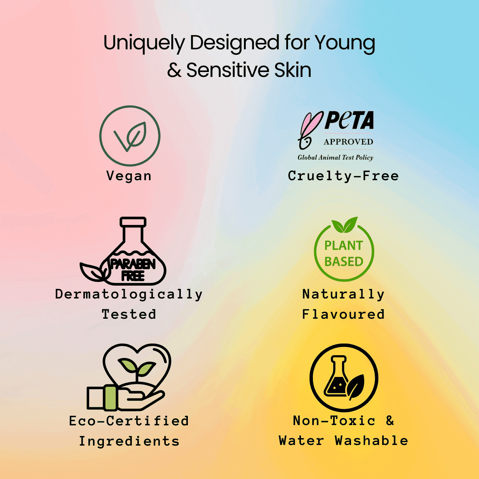 Product features for young and sensitive skin on a gradient background with icons and text.