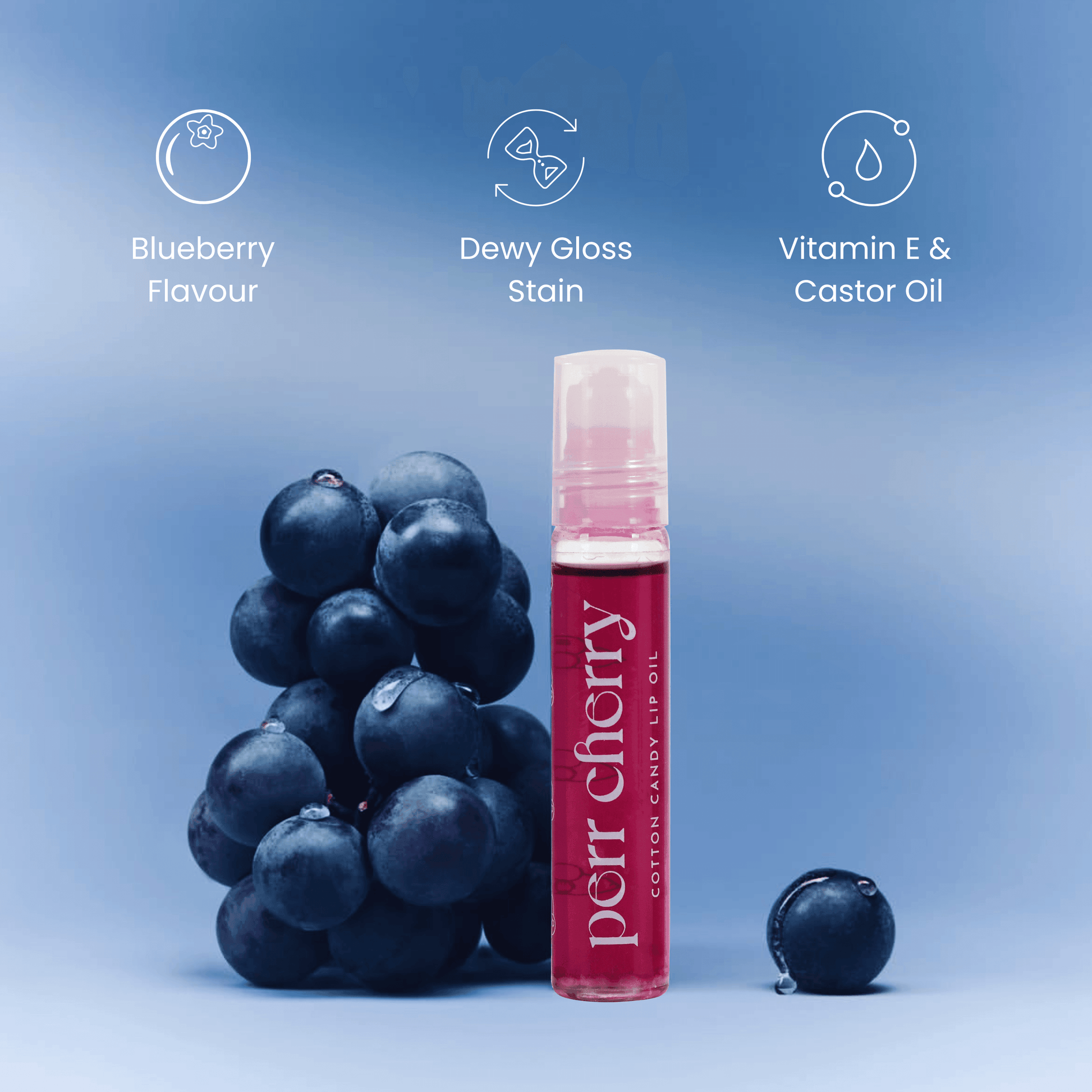 Lip oil with blueberries on a blue background, featuring text about flavor, stain, and ingredients.