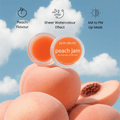 Peach-flavored lip butter with 'perr cherry' branding against a blue sky background