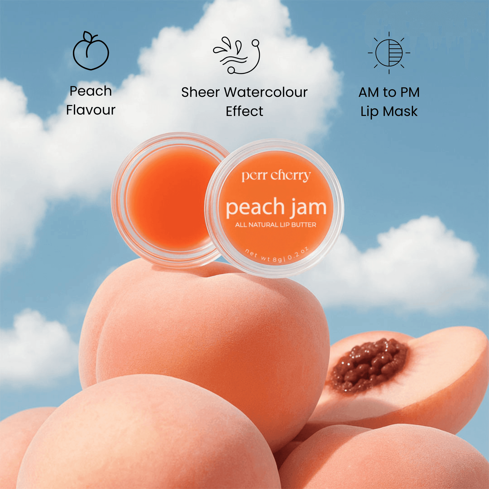 Peach-flavored lip butter with 'perr cherry' branding against a blue sky background