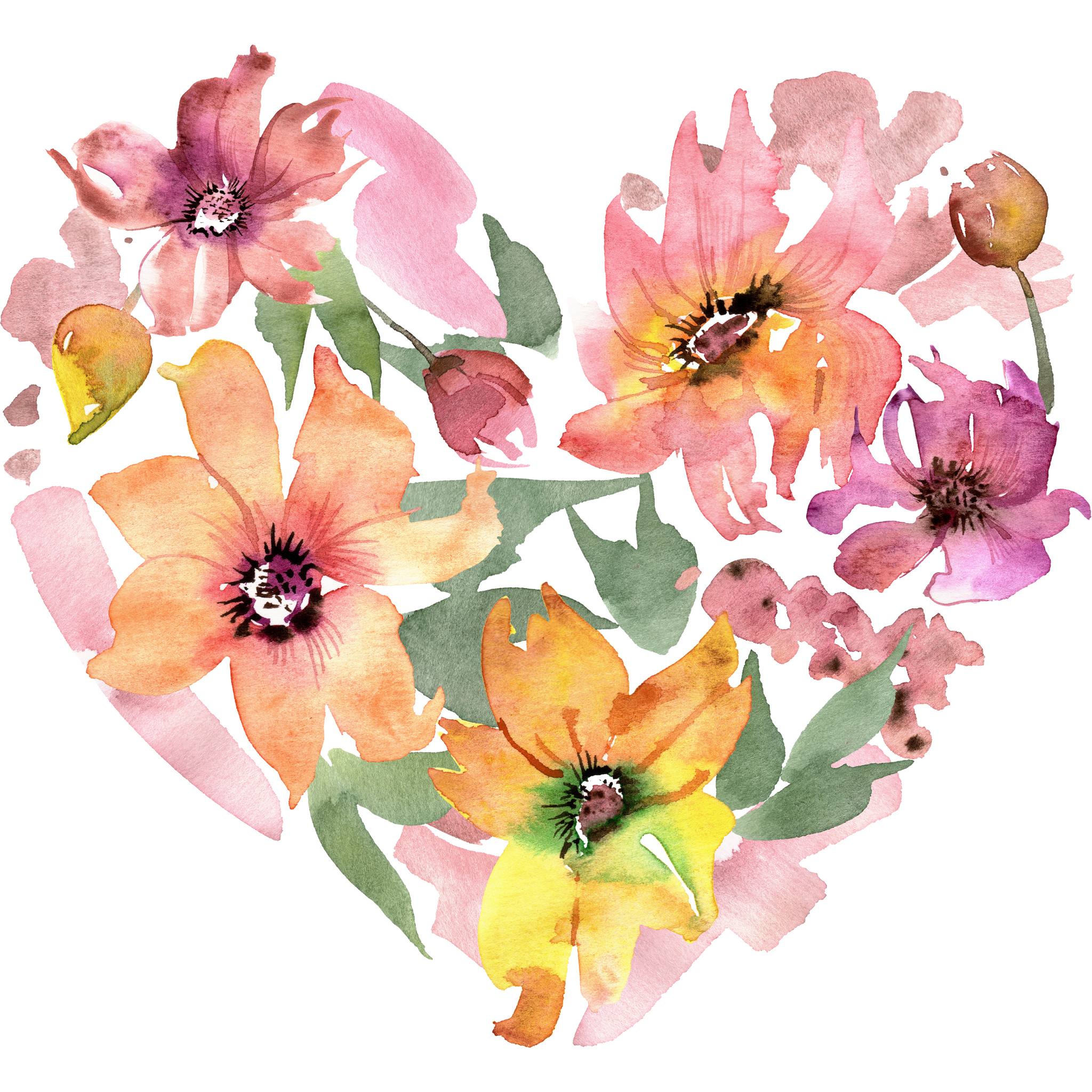 Heart-shaped arrangement of pink, orange, and yellow flowers with green leaves on a white background.