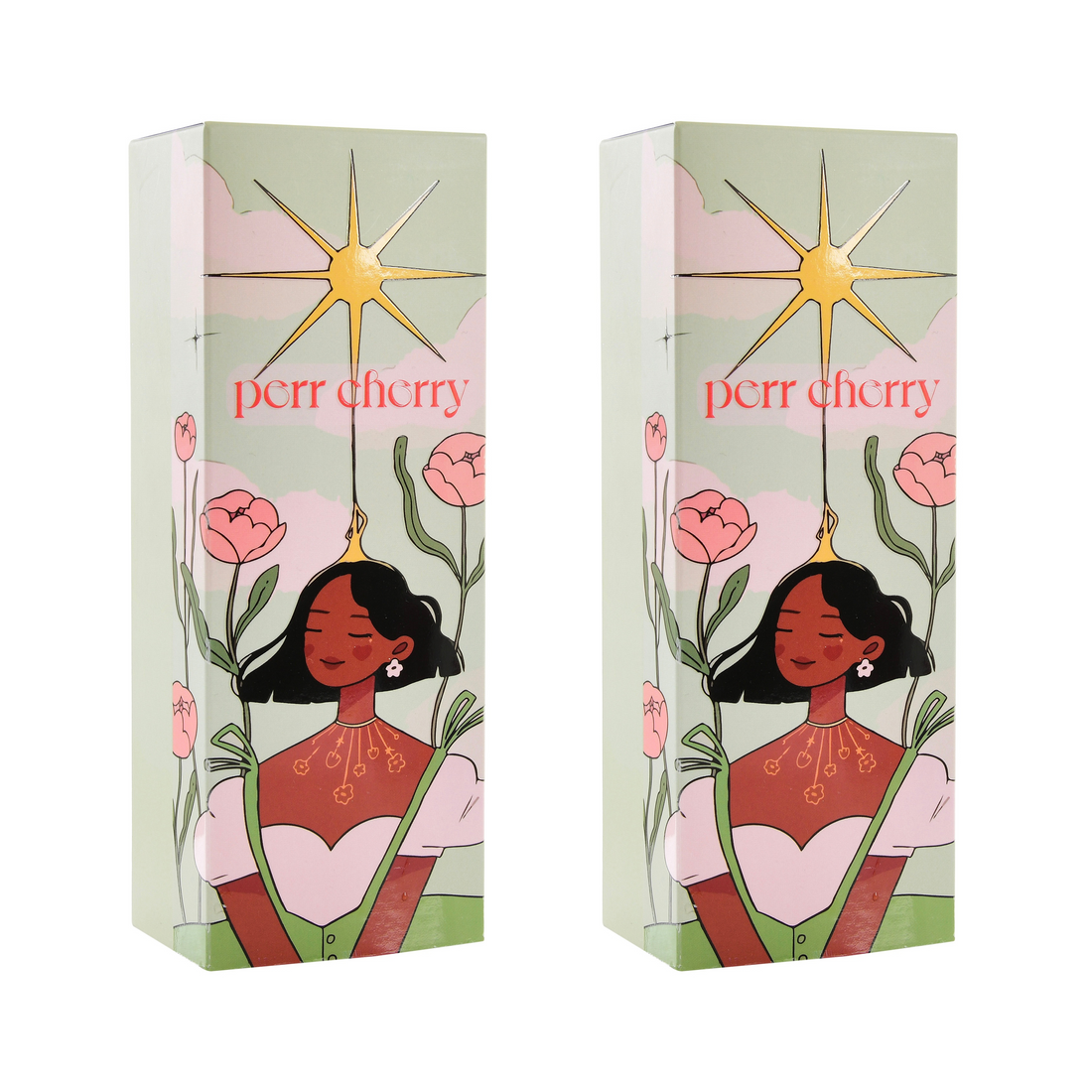 Two rectangular boxes with illustrations of a woman and floral elements, and the text 'perr cherry'. The boxes contain a collection of cosmetic products.
