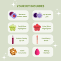 List of cosmetic products included in a kit on a light green background