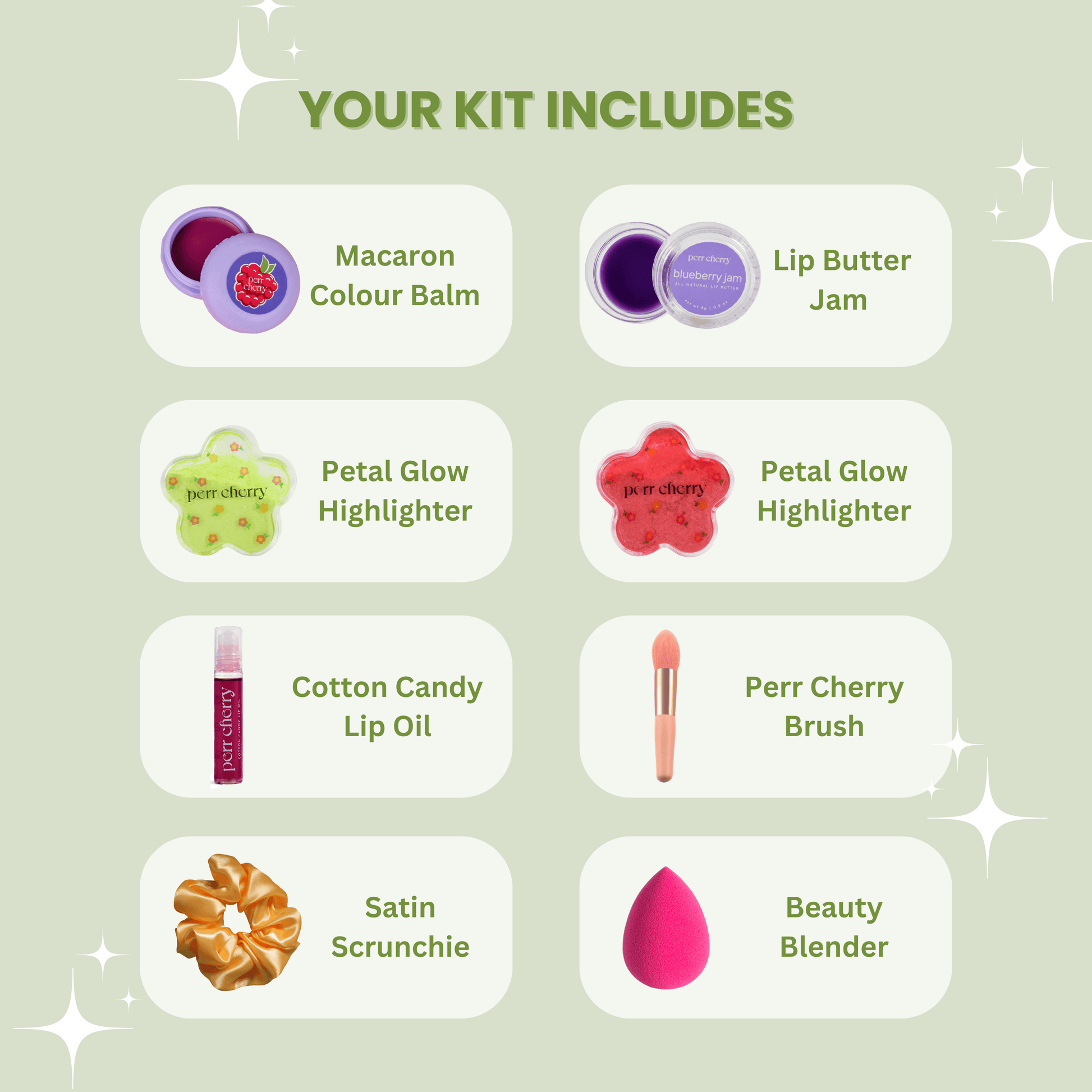 List of cosmetic products included in a kit on a light green background