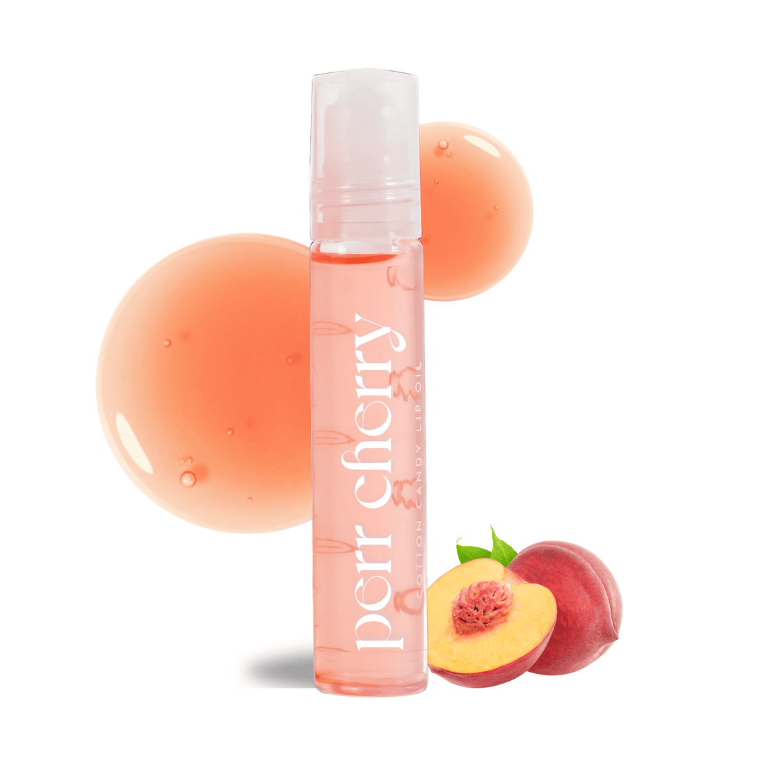 Bottle labeled 'Perr Cherry' with peach slices and a peach half on a white background