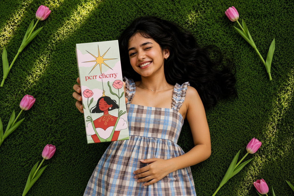 A smiling woman lying on green grass holds a Perr Cherry juice box decorated with pink cherry blossoms and a red cherub illustration. Pink tulips are scattered around her.